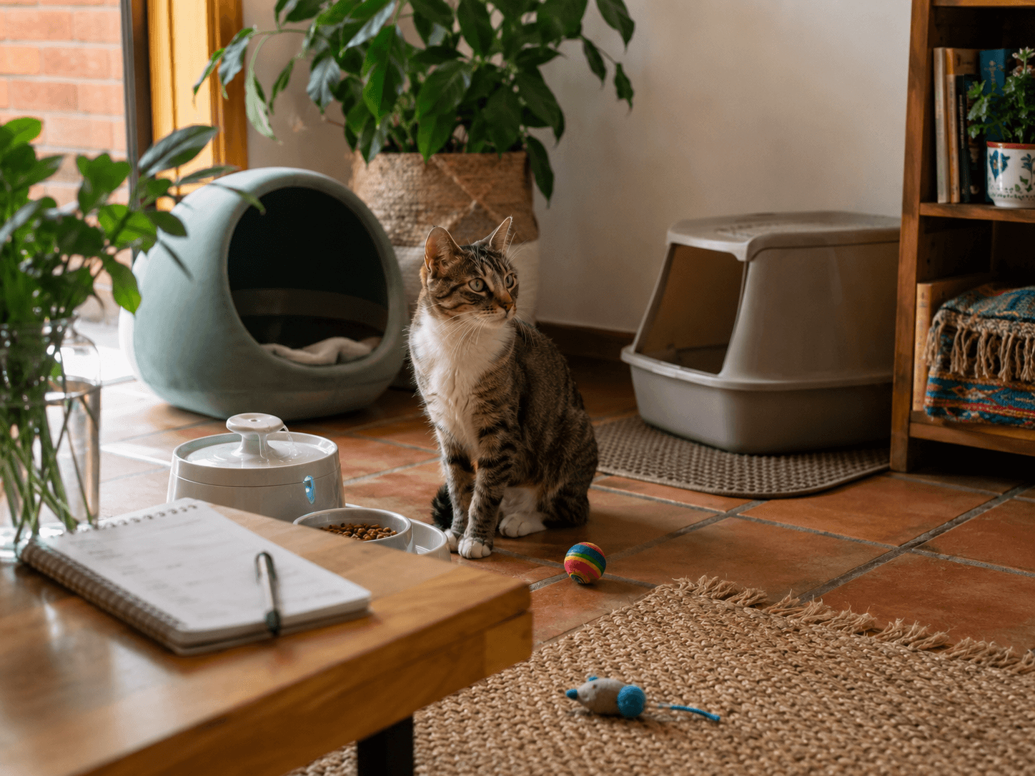 Gato tranquilo junto a su cama, arenero, agua, alimento y una libreta de rutina