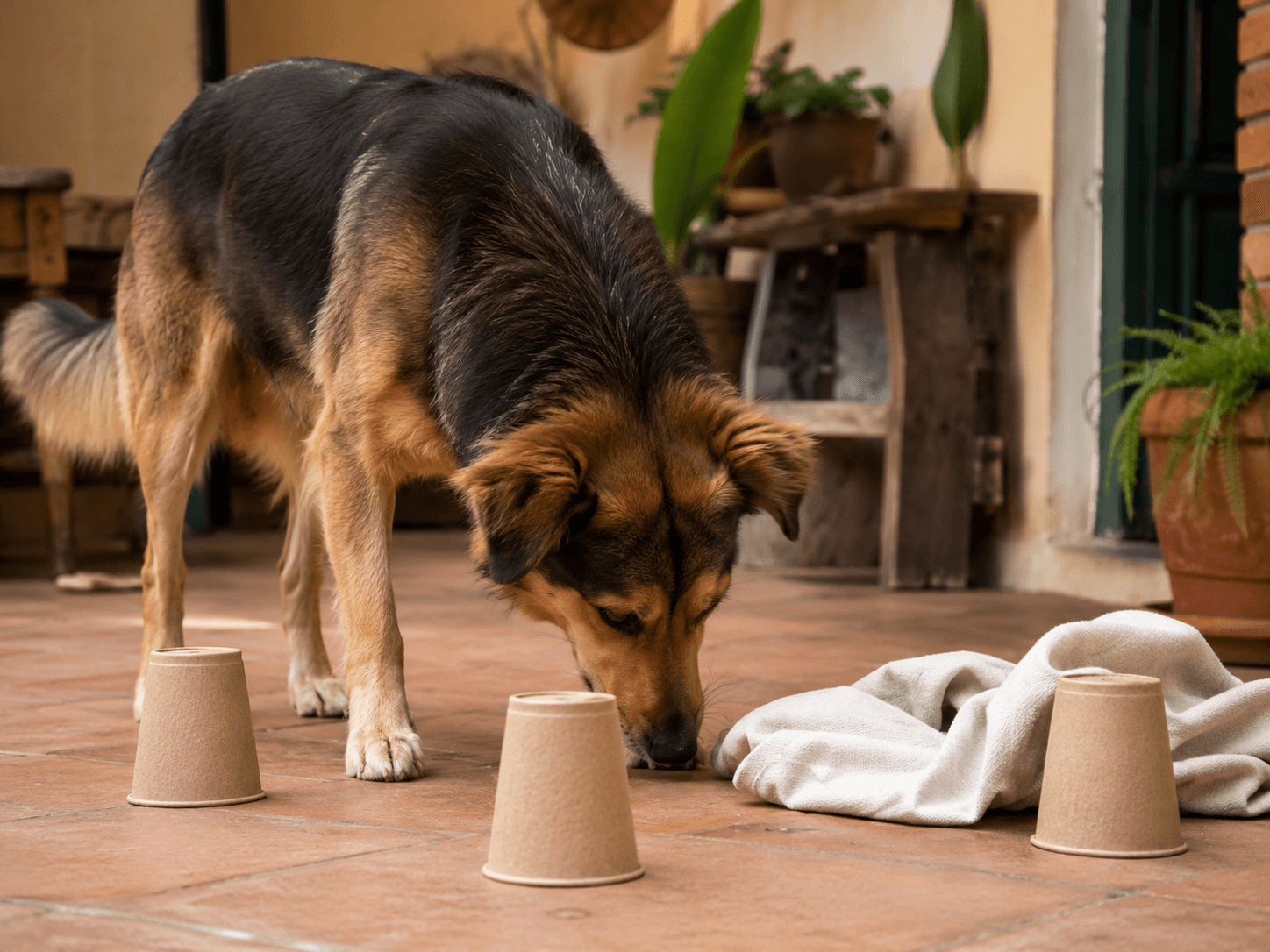 Perro concentrado en una actividad olfativa sencilla dentro de casa