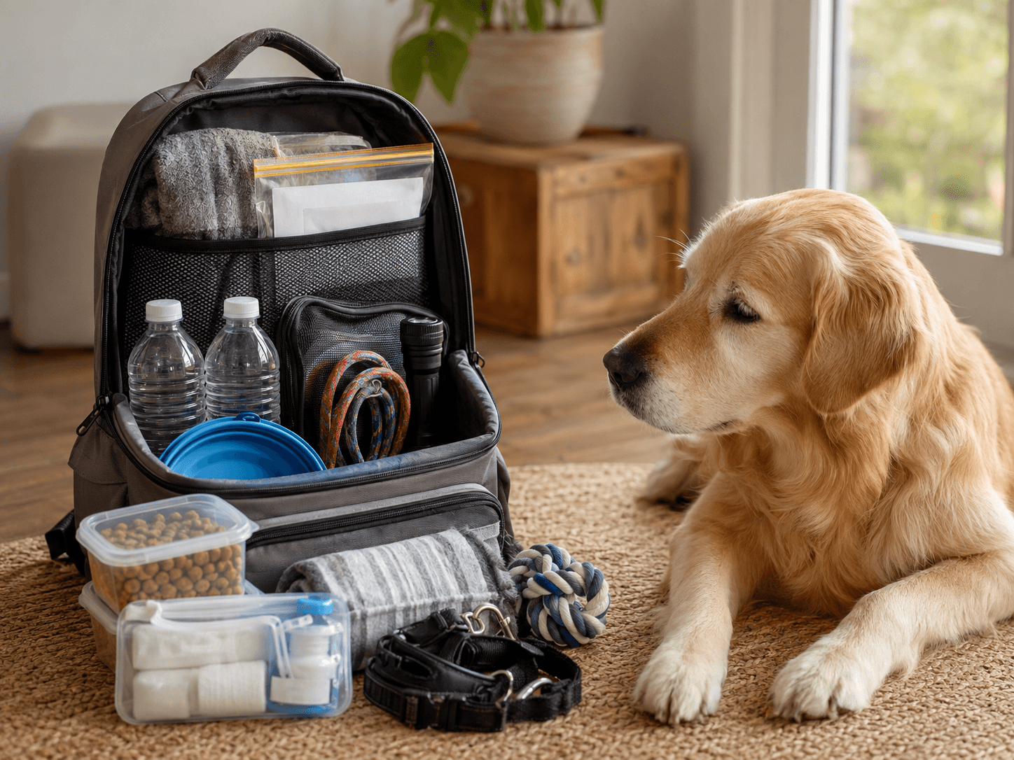 Perro junto a una mochila con agua, alimento, correa, linterna, plato y elementos de primeros auxilios