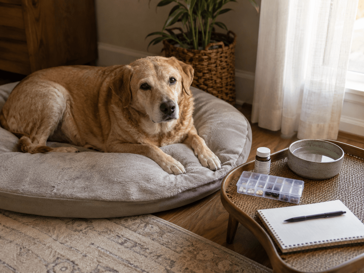 Perro senior descansando junto a un pastillero, un frasco, un plato con agua y una libreta